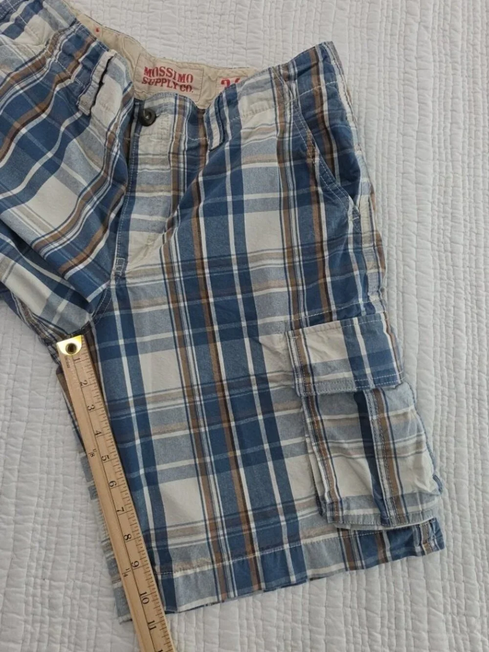 Mossimo Supply Cargo Shorts Mens 34‎ Blue Plaid 100% Cotton 6 Pockets 10
